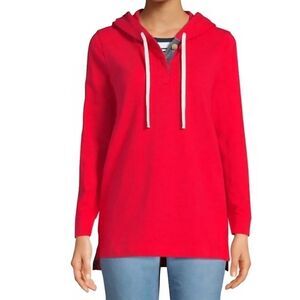 Lands' End Women’s Red Cotton Denim Trimmed Hooded Long Sleeve Pullover Top